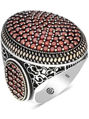 Gumush Hk Gümüş Erkek Yüzük Kırmızı Zirkon Taşlı Oval |Gümüş Takı Hediyelik Ürünler