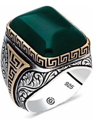 Gumush Hk ​Gümüş Erkek Yüzük Yeşil Akik Taşlı Köşeli |Gümüş Takı Hediyelik Ürünler
