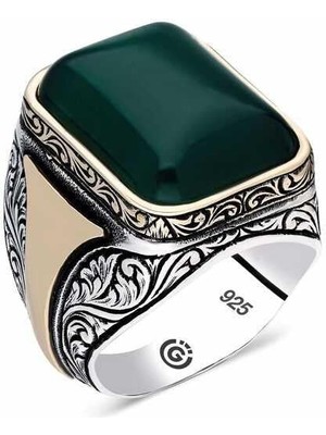 Gumush Hk Gümüş Erkek Yüzük Desenli Yeşil Akik Taşlı Kare |Gümüş Takı Hediyelik Ürünler