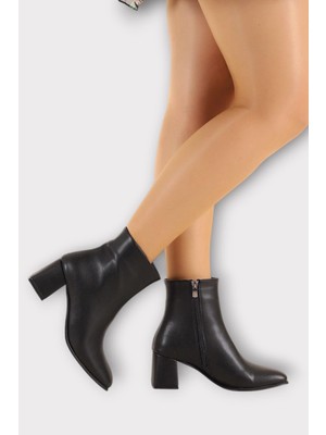 Liger Kalın Topuklu Fermuarlı Kadın Bot Siyah