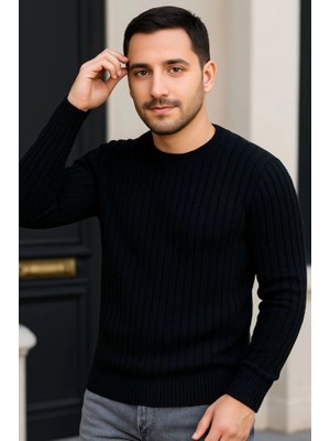 Moderie Butik Erkek Bisiklet Yuvarlak Yaka Triko Kazak Pamuklu Kalın Fitilli Dokuma, Regular Fit Uzun Kollu Kışlık Model - Siyah