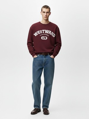 LTB Uzun Kollu Sıfır Yaka Slogan Baskılı Kırmızı Sweatshırt