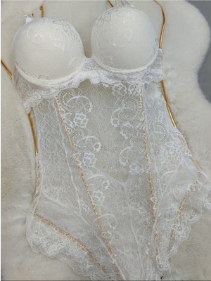 Love Angels Dantel Detaylı Transparan Dolgulu Bodysuit Fantezi Iç Giyim Çeyizlik