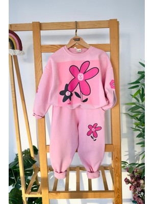 Miniğimin Cicileri Papatya Baskı Ön ve Arka Detaylı Kız Çocuk kışlık takım - Pembe