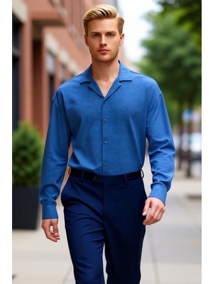 PayBuy Erkek Oversize Fit Apaş Yaka Uzun Kollu Düz Desenli Dokuma Keten Görünümlü Gömlek Yaz Stili