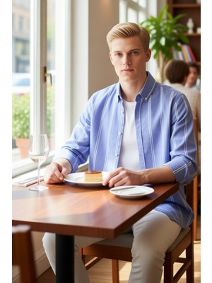 FRM Erkek Ince Çizgili Düğmeli Yaka Uzun Kollu Slim Fit Gömlek Zamansız Şıklık ve Konforlu Kullanım