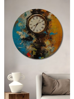 Teona Ahşap Modern Sanat Yağlı Boya Görünümlü Saat Ahşap Dekoratif Tablo Yuvarlak Tablo
