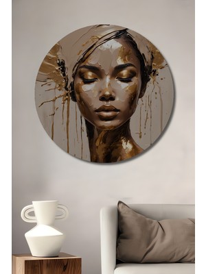 Teona Ahşap Altın Sarısı Yağlı Boya Görünümlü Bohem Sanat Kadın Portresi Dekoratif Ahşap Tablo Yuvarlak Tablo