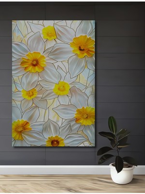 Teona Ahşap Baharın Ihtişamı Sarı Beyaz Nergis Yağlı Boya Görünümlü Ahşap Dekoratif Tablo Dikdörtgen Tablo