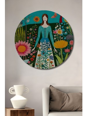 Teona Ahşap Bahçede Kelebekler ve Çiçeklerle Bohem Sanat Sulu Boya Görünümlü Ahşap Tablo Yuvarlak Tablo