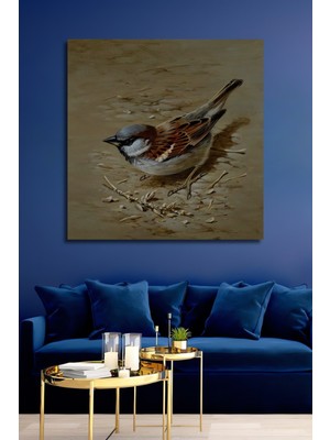 Teona Ahşap Sıradışı Çizimli Serçe Yağlı Boya Görünümlü Ahşap Dekoratif Tablo Dikdörtgen Tablo