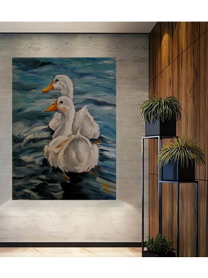 Teona Ahşap Beyaz Ördekler Yağlı Boya Görünümlü Ahşap Dekoratif Tablo Dikdörtgen Tablo