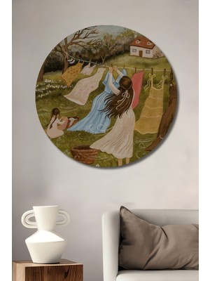 Teona Ahşap Pastel Boya Görünümlü Köy Hayatı Dekoratif Ahşap Tablo Yuvarlak Tablo