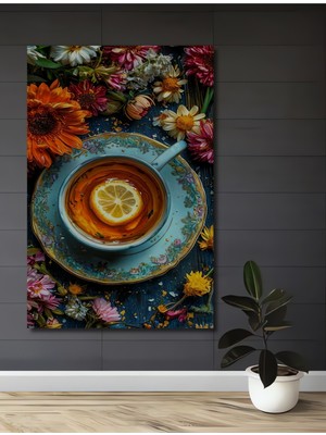Teona Ahşap Renkli Çiçekler Arasında Çay Keyfi Yağlı Boya Görünümlü Ahşap Dekoratif Tablo Dikdörtgen Tablo