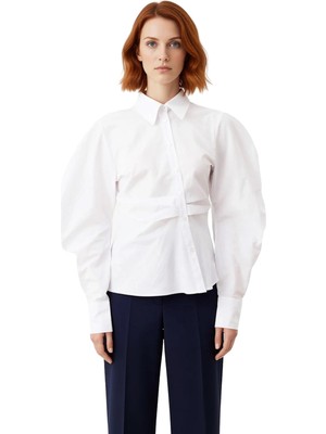 Ersefa Kadın Çizgili Balon Kol Asimetrik Kesim Gömlek Modern Şıklık Sunumu Güncel Stil Fonksiyonel