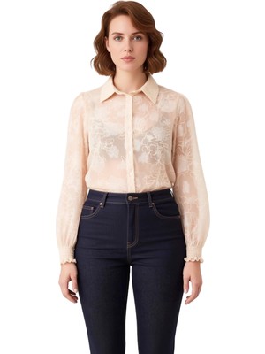 Ersefa Büyük Beden Kadın Çiçek Desenli Transparan Dokuma Uzun Kollu Gömlek Gipeli Manşet Detayı Şık