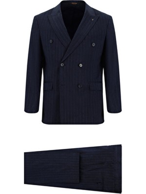 Abdullah Kiğılı Keten Çizgili Kruvaze Takım Elbise 48 Beden Erkek Dış Giyim Koyu Lacivert Standart Kesim