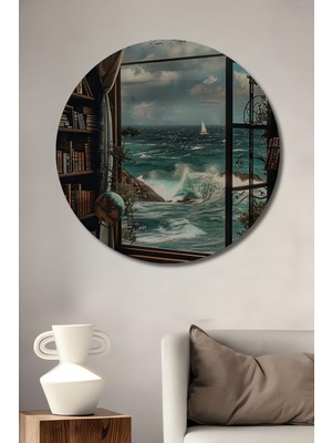 Teona Ahşap Ilham Veren Deniz Manzarası Yağlı Boya Görünümlü Ahşap Dekoratif Tablo Yuvarlak Tablo
