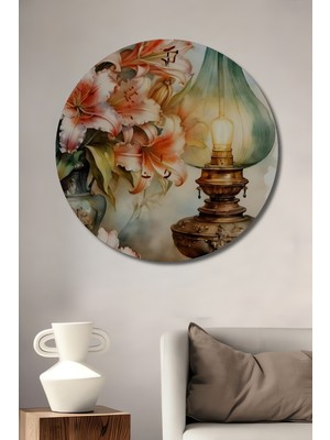 Teona Ahşap Zarif Çiçekler ve Antika Lamba Sulu Boya Görünümlü Dekoratif Ahşap Tablo Yuvarlak Tablo