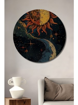 Teona Ahşap Güneş Ay Yıldızlar Desenli Yağlı Boya Görünümlü Ahşap Tablo Yuvarlak Tablo