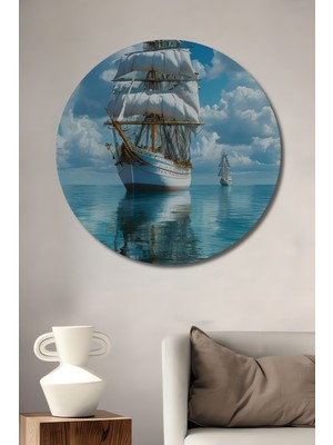 Teona Ahşap Mavi Denizde Yelkenli Ahşap Dekoratif Tablo Yağlı Boya Görünümlü Sanat Eseri Yuvarlak Tablo