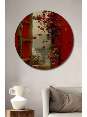 Teona Ahşap Kırmızı Duvarlı Pencereden Yağlı Boya Görünümlü Ahşap Dekoratif Tablo Yuvarlak Tablo