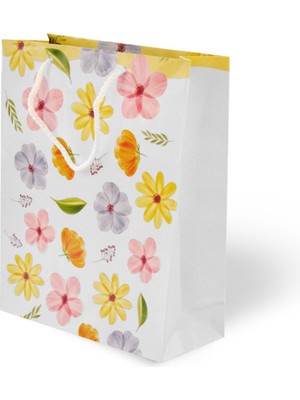 Alpjoy Renkli Çiçek Desenli Karton Çanta 25X30X9 cm 10 Adet