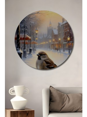 Teona Ahşap Serçenin Kış Manzarası Yağlı Boya Görünümlü Dekoratif Ahşap Tablo Yuvarlak Tablo