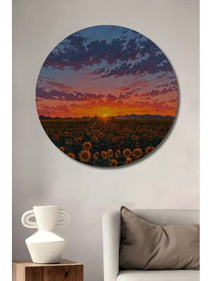 Teona Ahşap Günbatımında Çiçek Açan Yağlı Boya Görünümlü Ahşap Dekoratif Tablo Yuvarlak Tablo