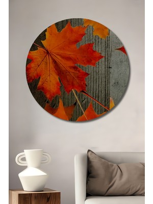 Teona Ahşap Sonbahar Yaprakları Yağlı Boya Görünümlü Ahşap Dekoratif Tablo Yuvarlak Tablo