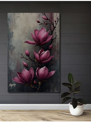 Teona Ahşap Pembe Manolya Çiçekleri Sulu Boya Görünümlü Ahşap Dekoratif Tablo Dikdörtgen Tablo