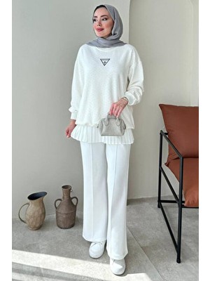 Tesettür Diyarı Kadın Çimalı Beli Lastikli Cepli Scuba Kumaş Tesettür Pantolon- Beyaz