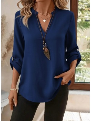 Arben Boutique Kadın Uzun Kollu V Yakalı Ithal Krep Lacivert Bluz