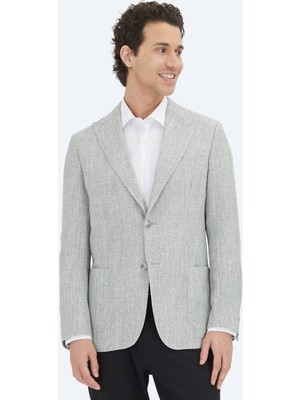 Kip Gri Desenli Modern Fit Keten Karışımlı Ceket