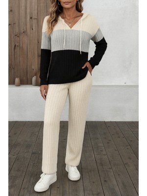 Moderie Butik Kadın Uzun Kollu Kapşonlu Bağcıklı Blok Renkli Şardonlu Kaşkorse Bluz ve Pantolon Ikili Takım