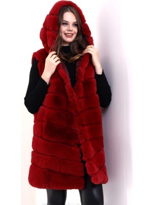 Moderie Butik Kapşonlu Peluş Kürk Yelek Premium Kalite, Tam Astarlı, Uzun Model - Kırmızı