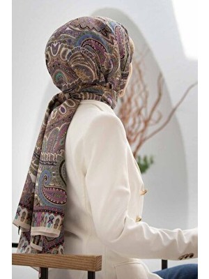 Vissona 100% İPEK ETRO DESENLİ BEJ - SAKS RENKLİ ŞAL