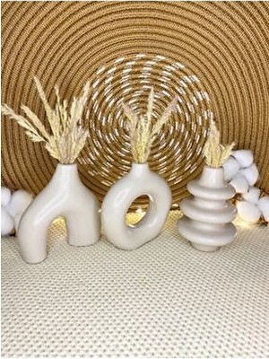 Bnge Ticaret Dekoratif 10CM Taş Rengi Küçük 3 Adet Minimal Bohem Vazo Ev Salon Tv Ünitesi Kitaplık Biblo Aksesuar