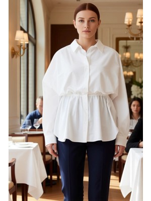 FRM Kadın Büzgülü Bel Kesim Uzun Kollu Dokuma Gömlek Büyük Beden Konforlu ve Şık Görünüm Rahat