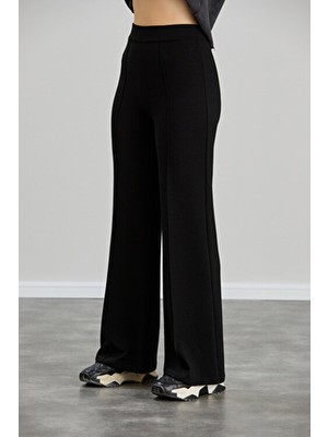 Olizza Kadın Siyah Modal Bol Paça Çımalı Yüksek Bel Beli Lastikli Yumuşak Dokulu Likralı Pantolon