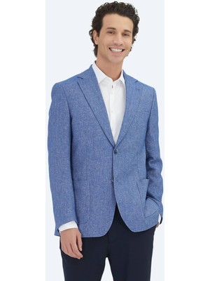 Kip Mavi Çizgili Modern Fit Pamuk Karışımlı Ceket