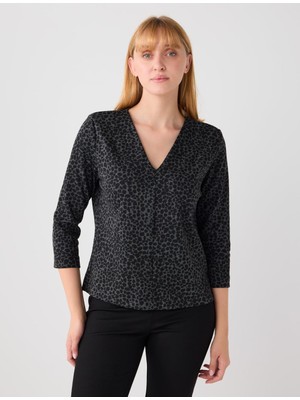 Jimmy Key Siyah V Yaka Leopar Desenli Vatkalı Uzun Kollu Bluz