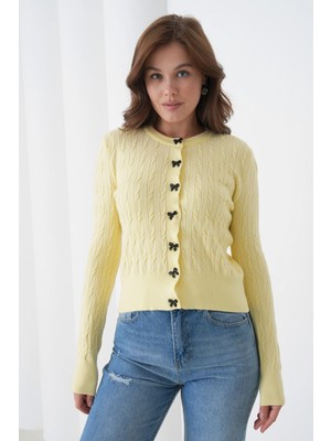 Kadın Bisiklet Yaka Düğme Detay Saç Örgü Yumuşak Dokulu Triko Hırka