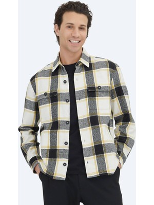 Kip Bej Kareli Regular Fit Dokuma Yün Karışımlı Overshırt