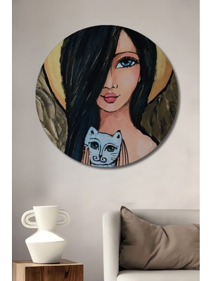 Teona Ahşap Peri ve Kedi Yağlı Boya Görünümlü Modern Sanat Ahşap Dekoratif Tablo Yuvarlak Tablo