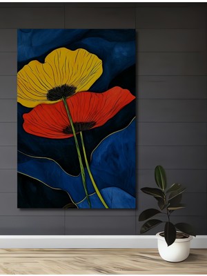 Teona Ahşap Sulu Boya Görünümlü Ahşap Tablo Sarı Kırmızı Çiçekler Mavi Arka Plan Modern Sanat Dikdörtgen Tablo