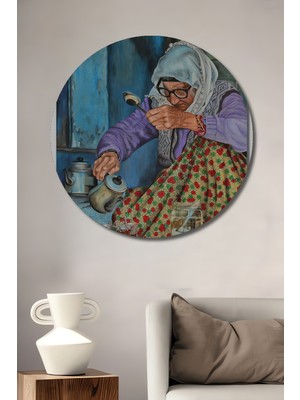 Teona Ahşap Yemeni Desenli Yağlı Boya Görünümlü Vintage Türk Kahvesi Hazırlayan Yaşlı Kadın Ahşap Tablo