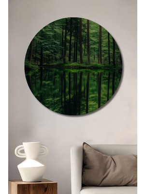 Teona Ahşap Yeşil Orman Manzarası Sulu Boya Görünümlü Dekoratif Ahşap Tablo Yuvarlak Tablo