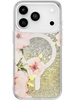 iPhone 17 Pro Uyumlu Kılıf M-Safe Özellikli Çiçek Desenli Simli Coehl Fleurette Kapak Gold
