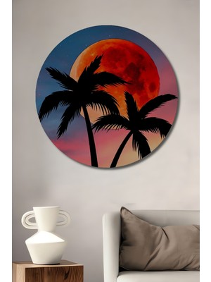 Teona Ahşap Tropikal Ay Işığında Palmiye Silüeti Yağlı Boya Görünümlü Dekoratif Ahşap Tablo Yuvarlak Tablo